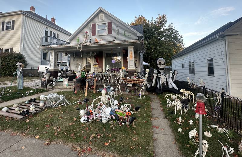 A view of Halloween decorations in the 500 block of Bucklin Street on Monday, Oct. 27, 2025 in Peru.