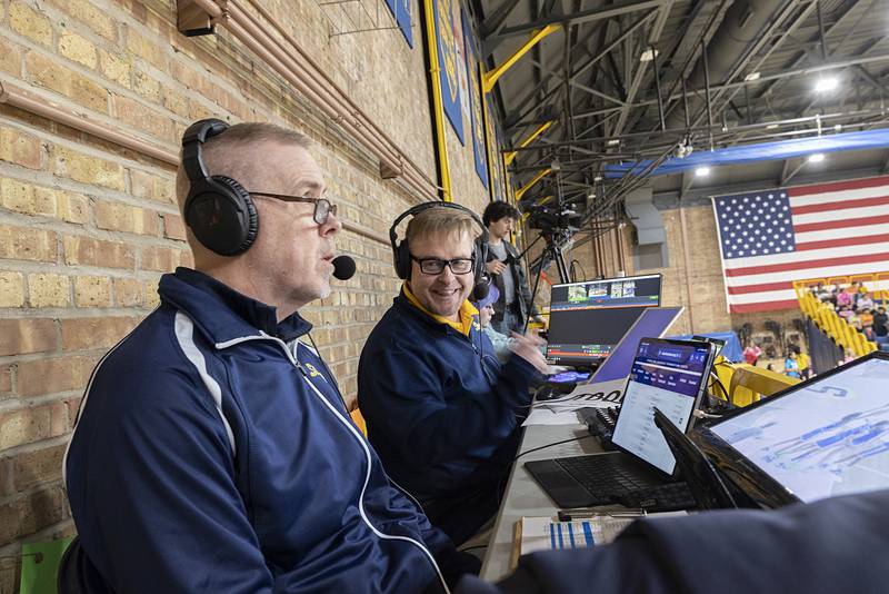 Spanning basketball, football, baseball, and softball, Sterling High School broadcasters Matt Gingrich (left) and Jim Spencer called their 1,000th game Friday, Jan. 30, 2026. They will be inducted into the Illinois Basketball Coaches’ Association Hall of Fame in May of this year.
