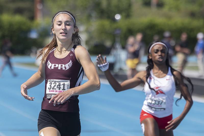 Priarie Ridge’s Rylee Lydon comes in to finish second in the 3A 400 run Saturday, May 20, 2023 during the IHSA state track and field finals at Eastern Illinois University in Charleston.