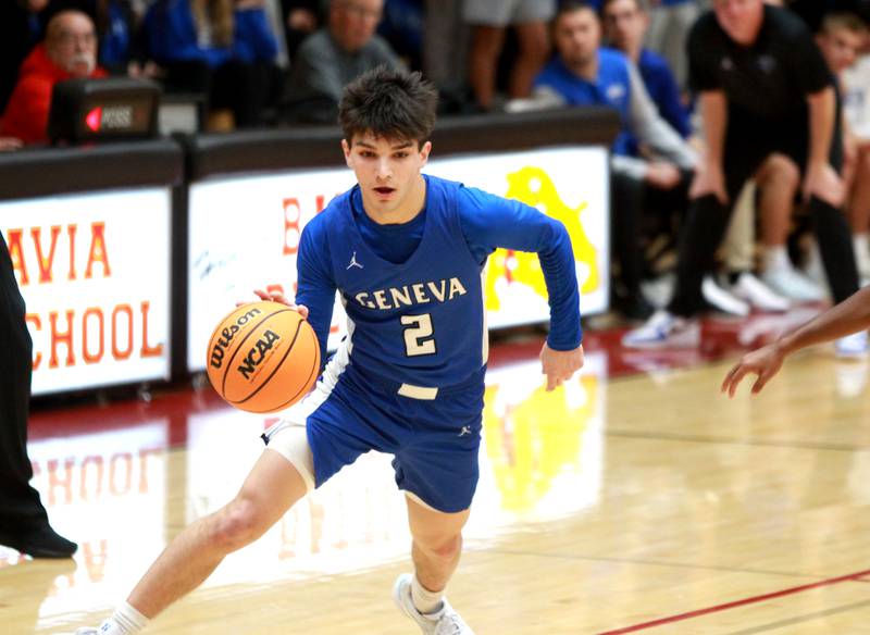 Geneva’s Gabe Jensen drives toward the basket during a game against Batavia on Friday, Dec. 20, 2024 in Batavia