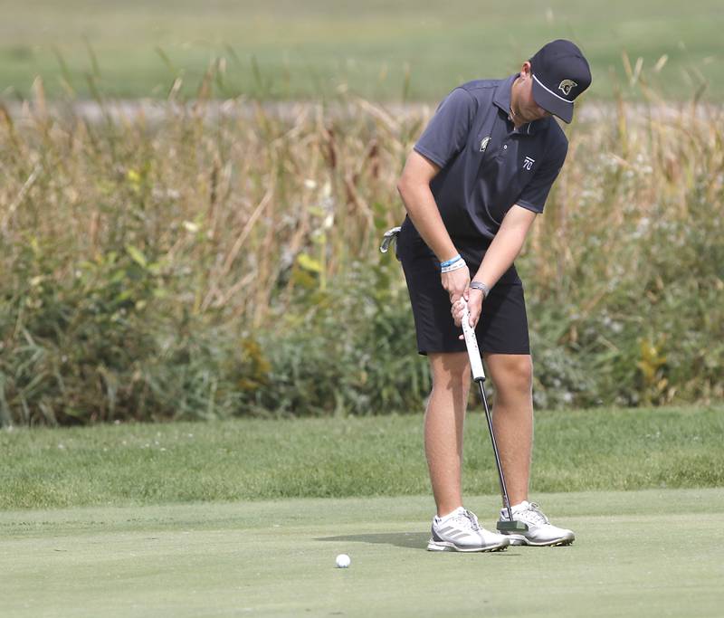 Sycamore’s Gavin Sedevie putts on the seventh green during the IHSA Class 2A Crystal Lake South Boys Golf Regional on Wednesday, Oct. 1, 2025 at RedTail Golf Club in Lakewood.