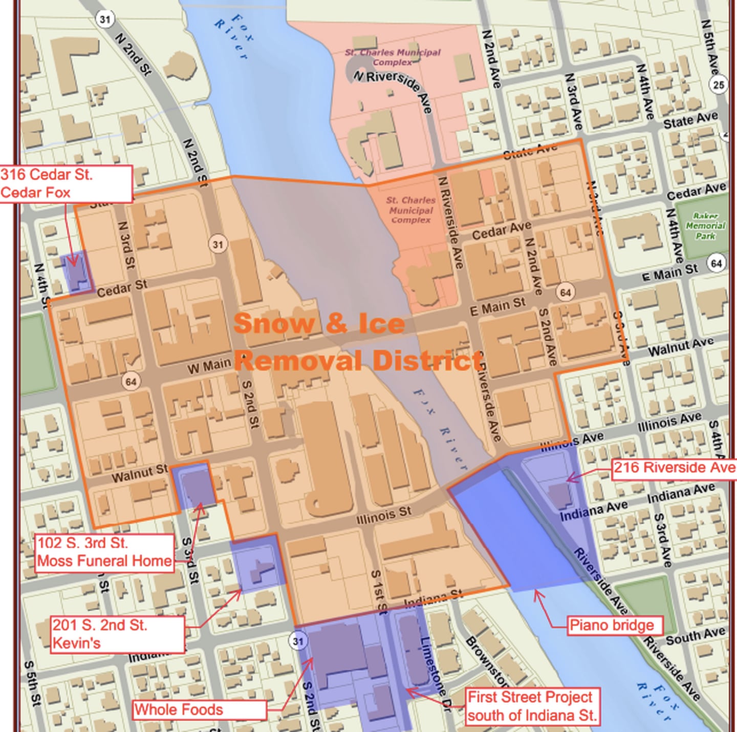 The city of St. Charles approved an expansion to the city's downtown snow and ice removal district on Nov. 17, 2025.
