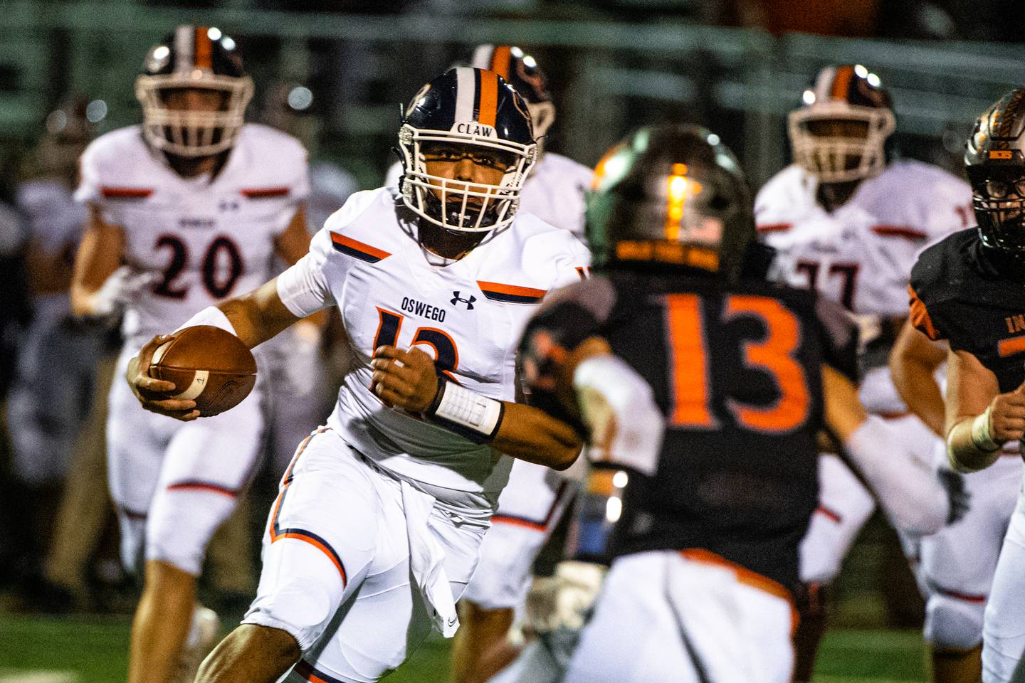 Oswegos Cruz Ibarra meets Minooka's Efrein Ramirez during a game Friday, Sept. 23, 2022 at Minooka High School