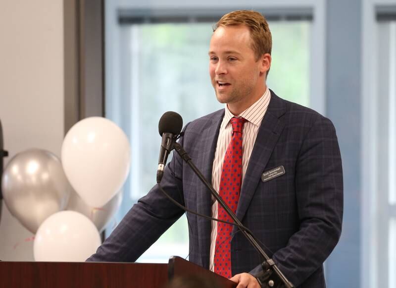 Scott Schweickert Lighed Way board member speaks during the ribbon cutting and dedication on Saturday, Aug. 5, 2023 in La Salle.