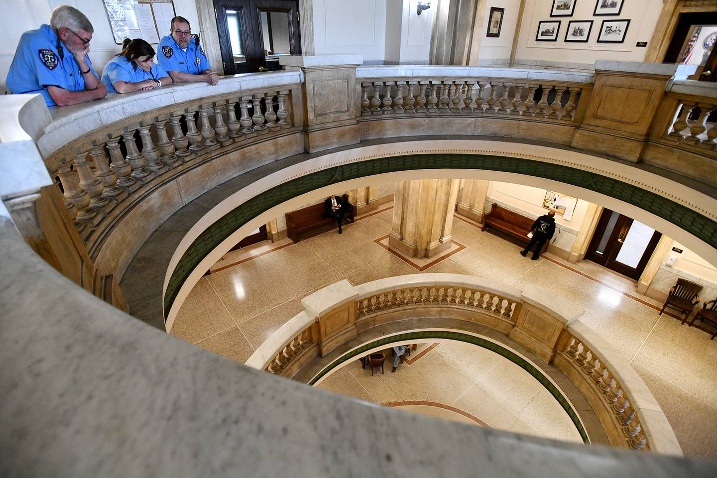 Bailiffs await the start of daily proceedings at the Kankakee County Courthouse on May 10, 2023.