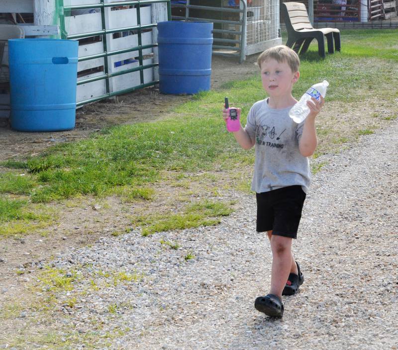 Kade Sundberg, 5, of Arlington, Illinois walks back to his family's 4-H entries at the beef barn with a new bottle of water during the Lee County 4-H Fair on Thursday.