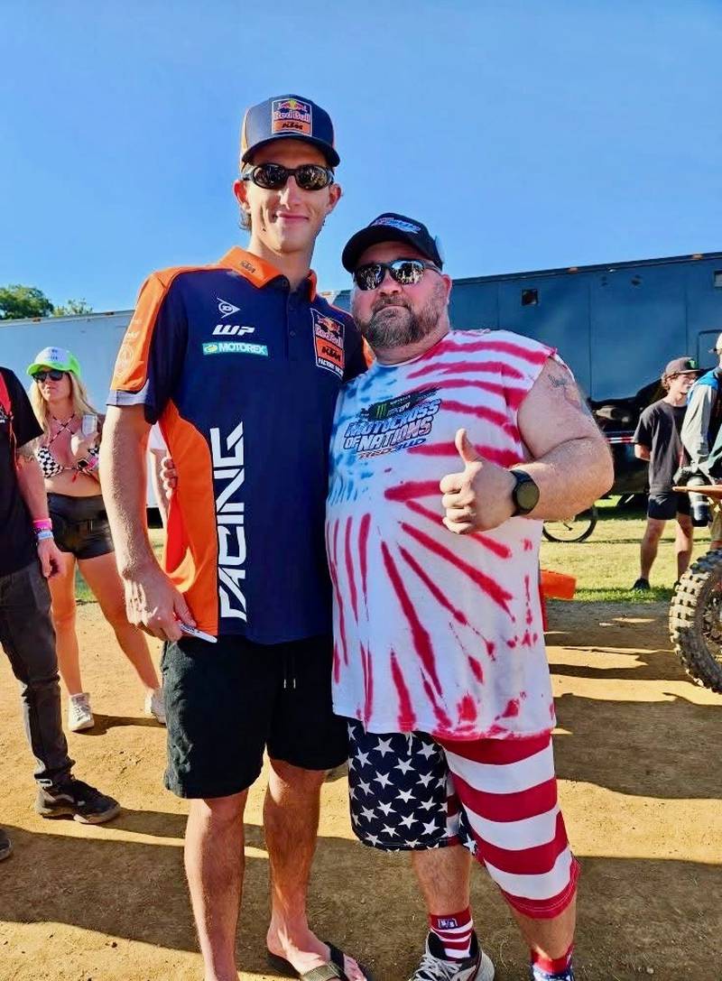 Chase Sexton, shown with super fan Skee Hartmann of Princeton, won the 450 Supercross in the 2025 season opener in Anaheim, Calif. on Saturday. Sexton, 25, is a Mendota native who lived in rural LaMoille before moving to Florida.