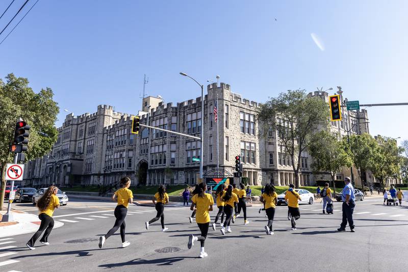 The homecoming parade approaches Joliet Central High School near the end of the route on Sept. 27. 2025.
