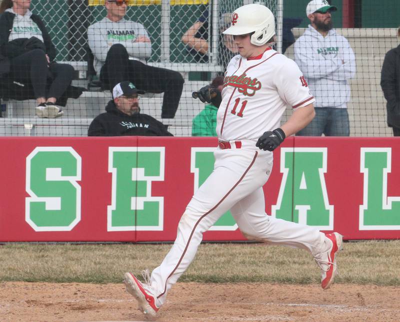L-P's Nolan Van Duzer steps on home plate after scoring a run against Alleman on Tuesday, March 12, 2024 at the L-P Athletic Complex in La Salle.