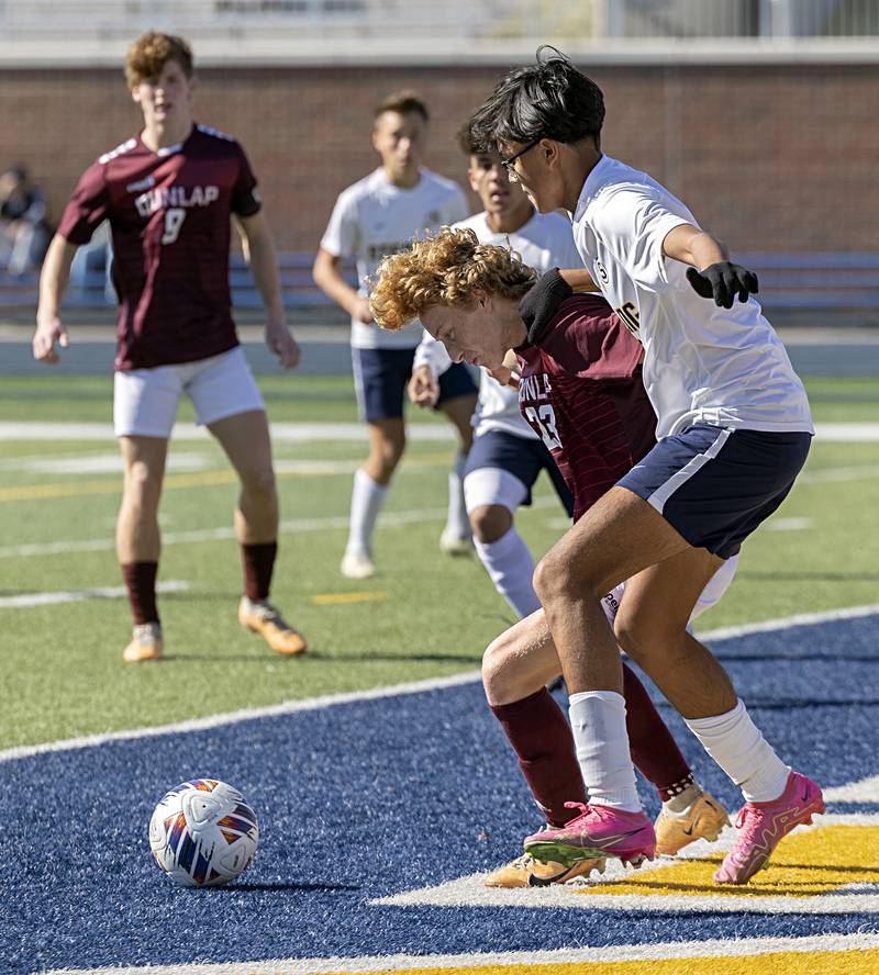 Sterling’s Kevin Ruiz and and Dunlap’s Jackson Orris battle for the ball Saturday, Oct. 21, 2023 in the regional finals game in Sterling.