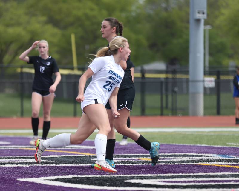 Downers Grove South's Skylar Swanson celebrates the game winning goal during soccer match between Downers Grove North at Downers Grove South.  May 6, 2023.