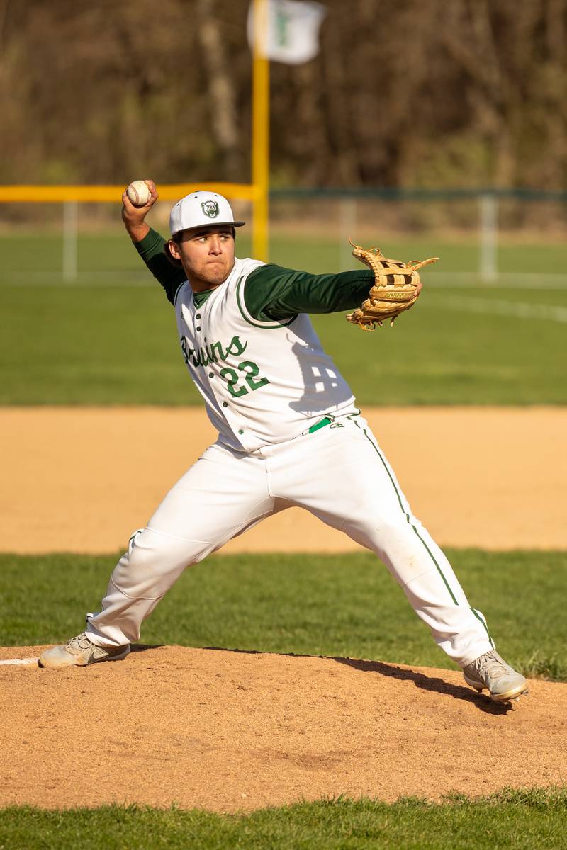 Alan Spencer (22) of St. Bede pitches on Tuesday, April 15, 2025 at St. Bede Academy in Peru.