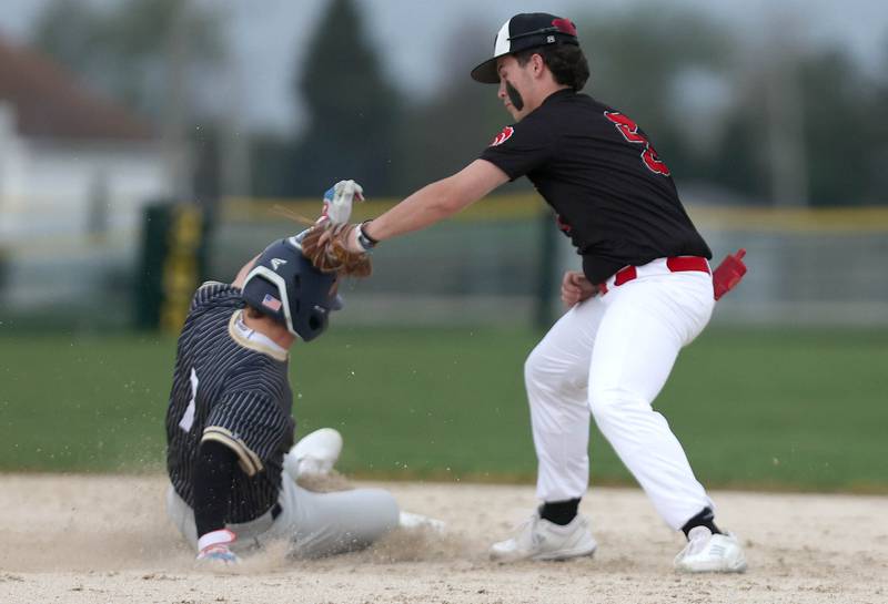 Indian Creek's Sam Genslinger applies the tag as Hiawatha's Cole Brantley slides safely into second with a stolen base during their game Thursday, April 20, 2023, at Indian Creek High School in Shabbona. The game was stopped in the first inning due to weather.