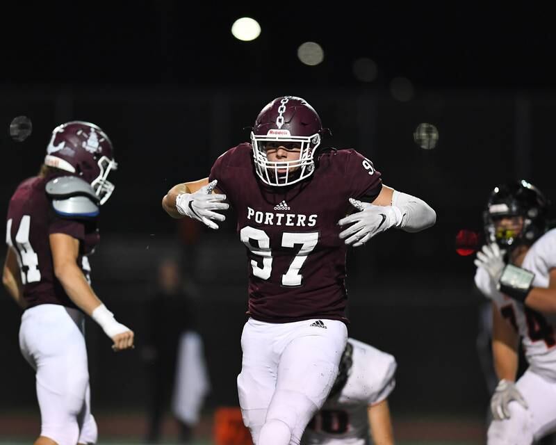 Lockport's Cody Silzer celebrates after sacking Lincoln-Way West's Cole Crafton on Friday, Oct.  1, 2021, at Lockport High School in Lockport, IL.