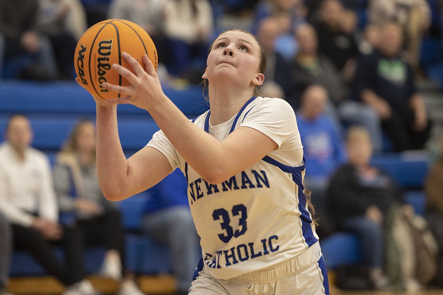 Newman’s Veronica Haley puts up a shot below the basket against Galena Tuesday, Feb. 24, 2026, in the Class 1A sectional at Eastland High School.