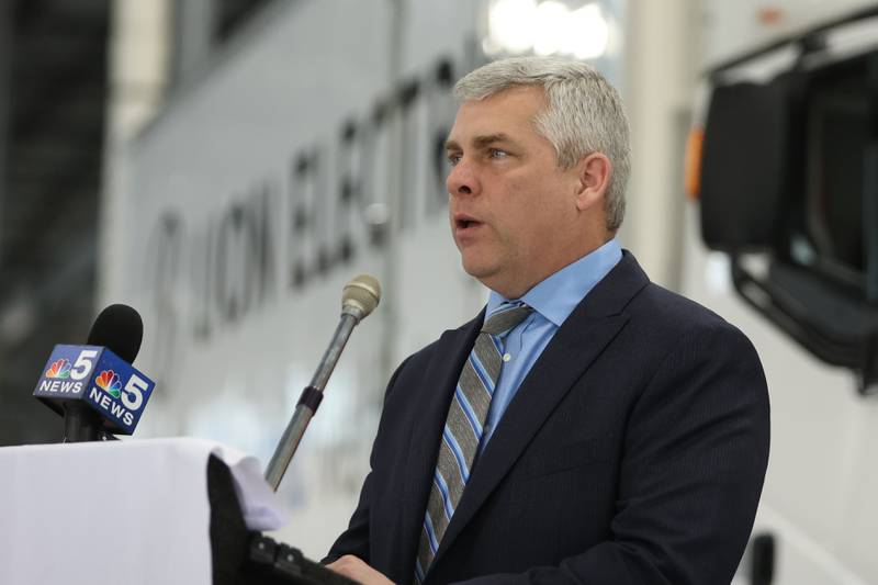 Joliet Mayor Bob O’Dekirk speaks during a press conference and interactive tour of the Lion Electric vehicle manufacturing facility. Monday, Mar. 21, 2022, in Joliet.