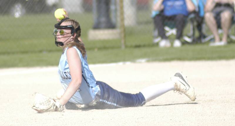 Bureau Vally shortstop Kadyn Haage grabs the ball and keeps runnersfrom advancing. The Bureau Valley Storm traveled to Morrison for a game against the Fillies on Friday, May 9th, 2025.