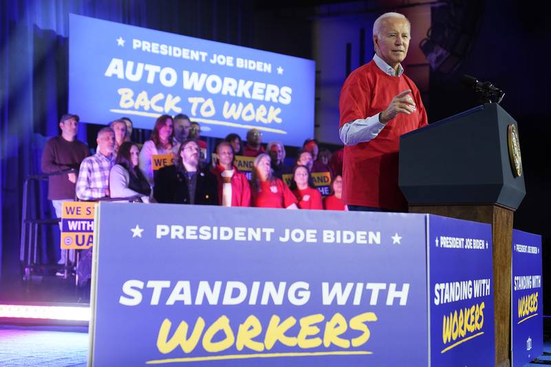 President Joe Biden speaks to United Auto Workers at the Community Building Complex of Boone County, Thursday, Nov. 9, 2023, in Belvidere, Ill. (AP Photo/Evan Vucci)