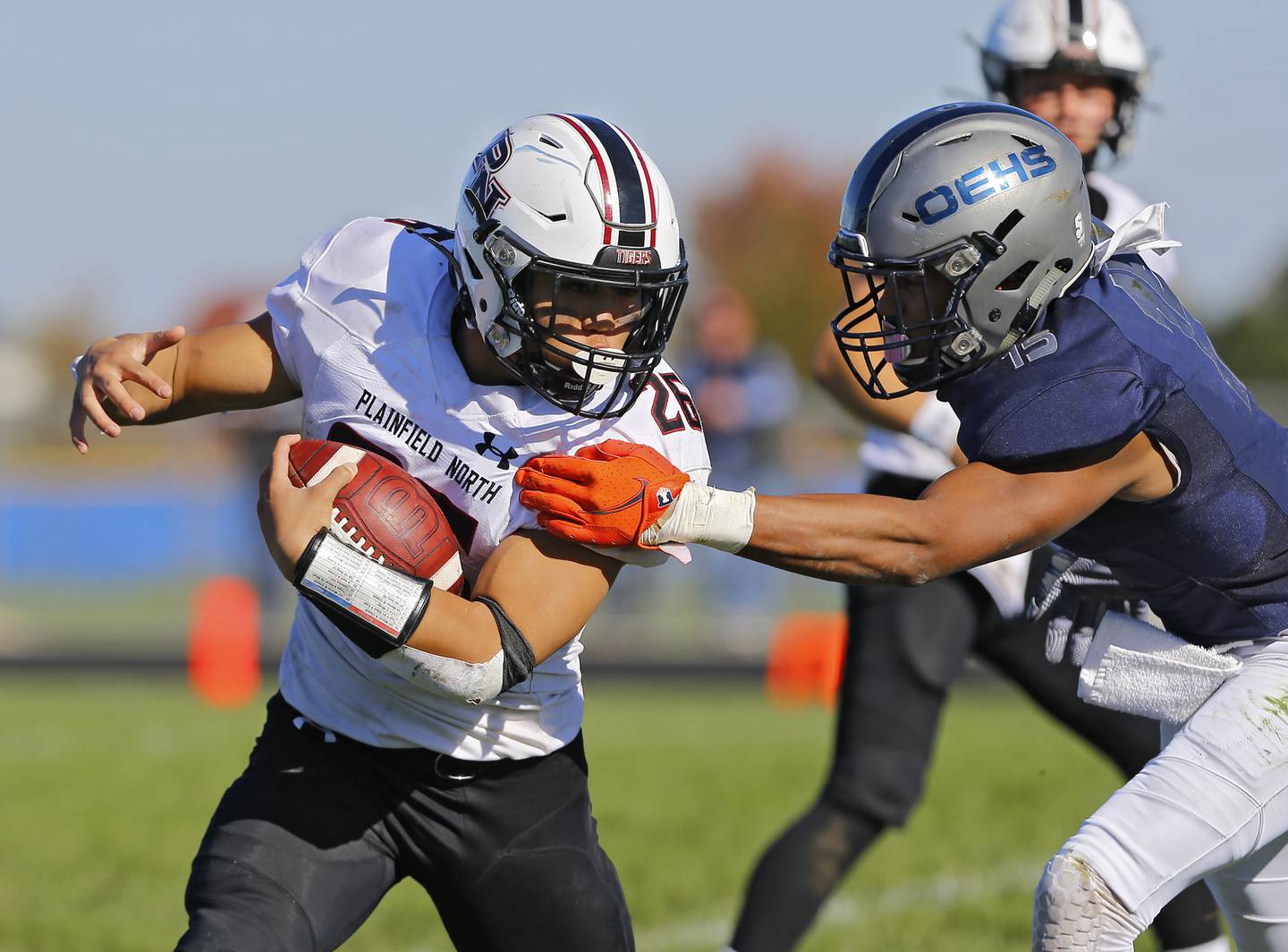 Plainfield North's Jared Gumila runs the ball during the varsity football game between Plainfield North and Oswego East on Saturday, October 23, 2021 at Oswego East high school in Oswego, IL.