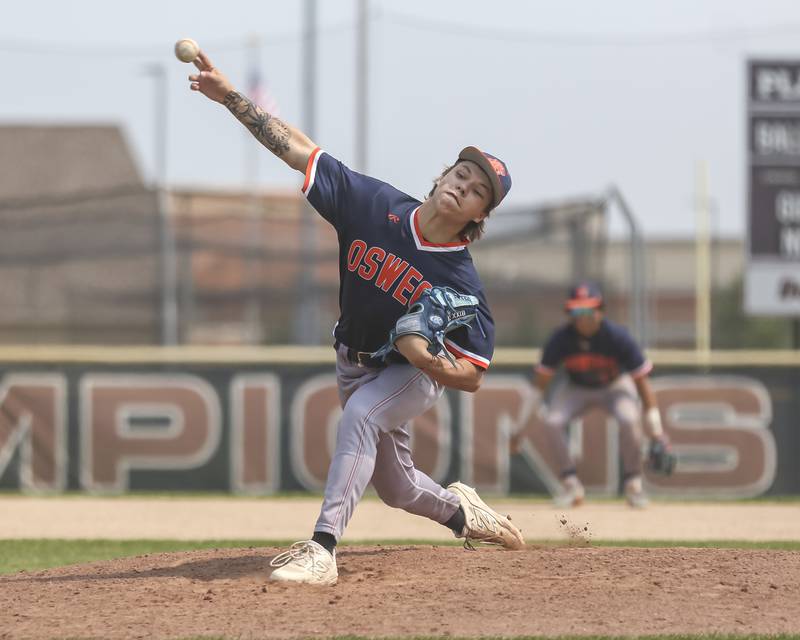 Oswego's Aiden Jaquez (8) throws a pitch during Class 4A Plainfield North Regional final baseball game between Oswego at Plainfield North. Saturday, May 31, 2025 in Plainfield.