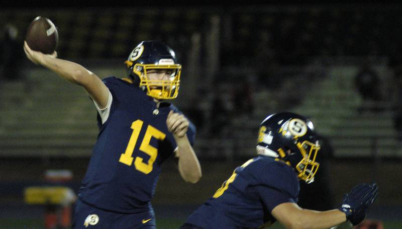 Sterling QB Gavin Terrockj goes deep. The Galesburg Silver Streaks traveled to Sterling to take on the Warriors at Prescott Memorial Field at Roscoe Eades Stadium, September 26, 2025.