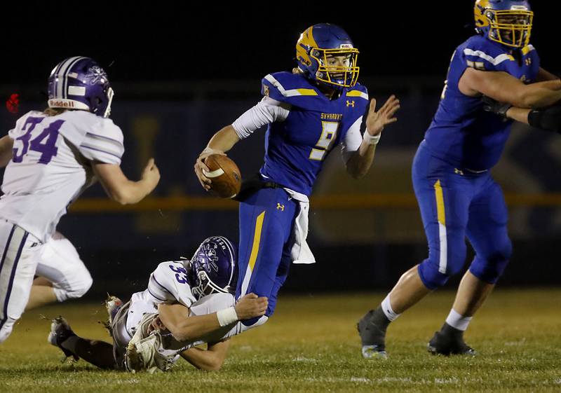 Johnsburg's Anthony Bravieri, is tackled by Rochelle's Kaiden Morris during a IHSA Class 4A second round playoff football game Friday, Nov. 4, 2022, between Johnsburg and Rochelle at Johnsburg High School in Johnsburg.