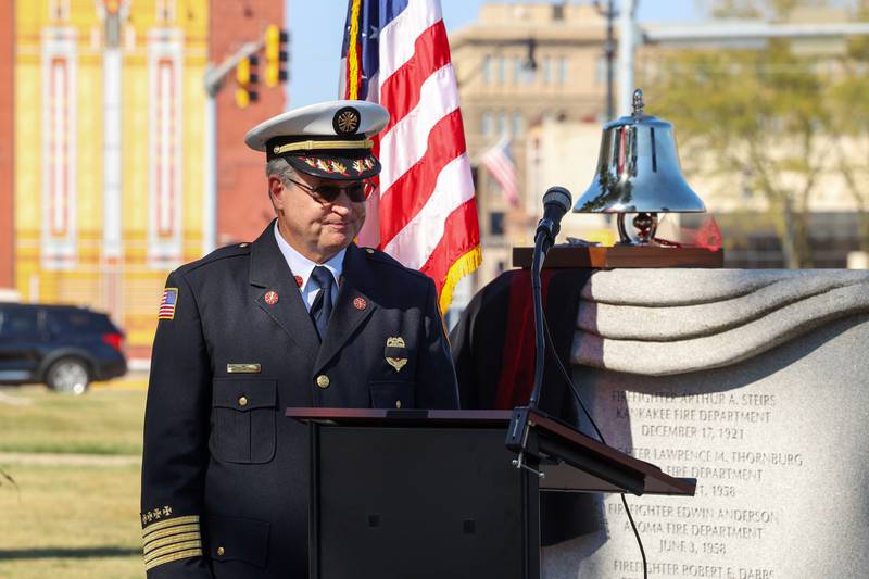 Retired Manteno Community Fire Protection District Chief Scott O'Brien concludes the Pledge of Allegiance during the 44th Kankakee County Fallen Firefighter Memorial Service on Friday, Oct. 3, 2025.