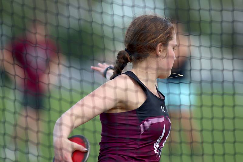 Marengos’ Nikole Czepczynski competes in the discus during KRC Conference Track Meet action at Marengo High School in Marengo on Tuesday, May 6, 2025.