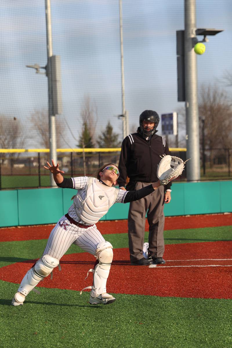Kankakee's Lillian Landis looks to catch a foul ball for an out during the Kays 20-11 loss to Crete-Monee on Tuesday, April 7, 2026.