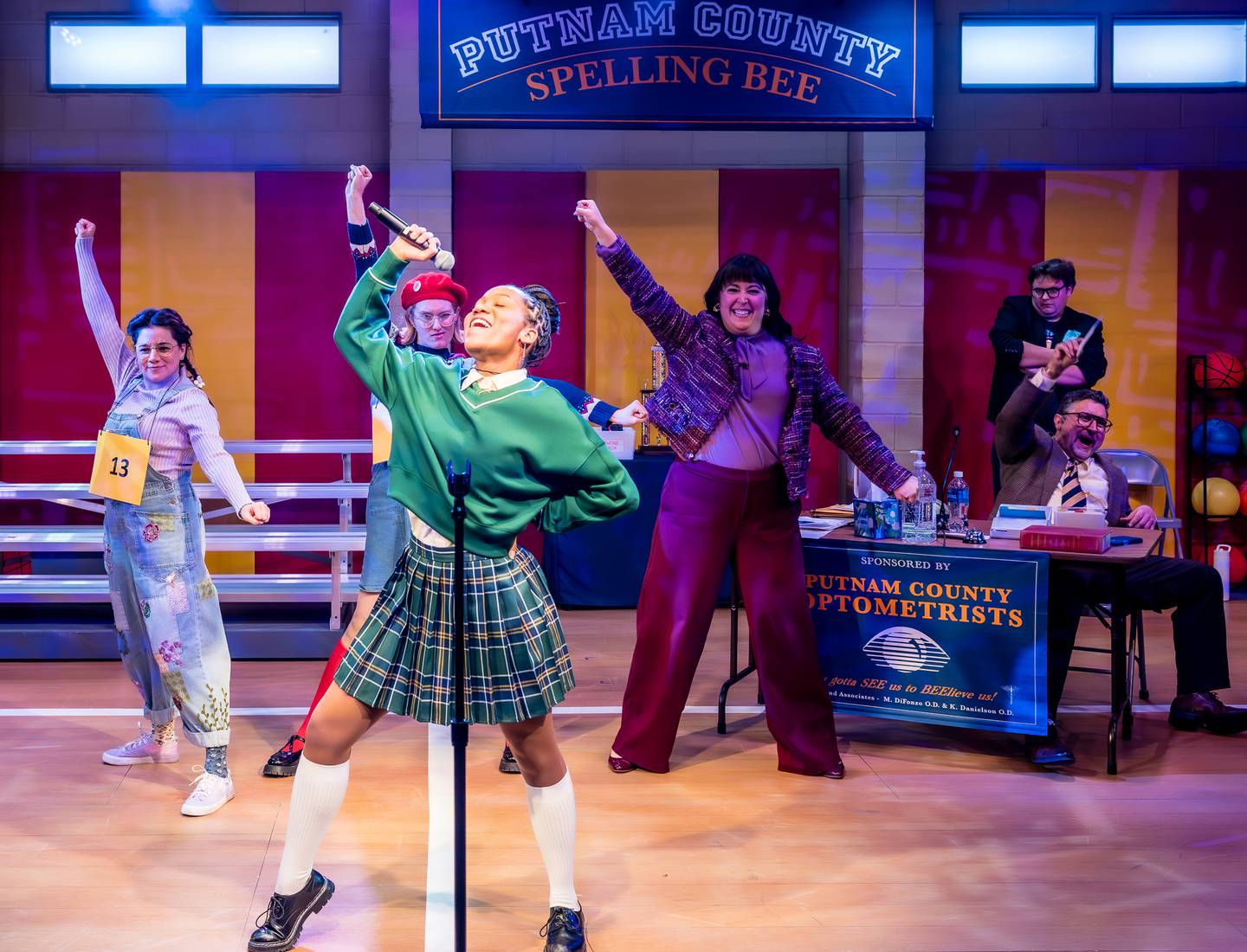Shelbi Voss (front) is the overachiever, Marcy Park, in The 25th Annual Putnam County Spelling Bee, a Paramount Theatre BOLD Series production, playing now through April 27 at Paramount’s Copley Theatre, 8 E. Galena Blvd. in downtown Aurora. Also pictured, back, from left: Elizabeth Stenholt as Olive Ostrovsky, Ann Delaney as Logainne Schwartzandgrubenniere, Veronica Garza as Rona Lisa Perretti, Teddy Gales as William Barfee and Jason Richards as Douglas Panch. Stephen Schellhardt directs. Tickets: paramountaurora.com or (630) 896-6666. Credit: Amy Nelson