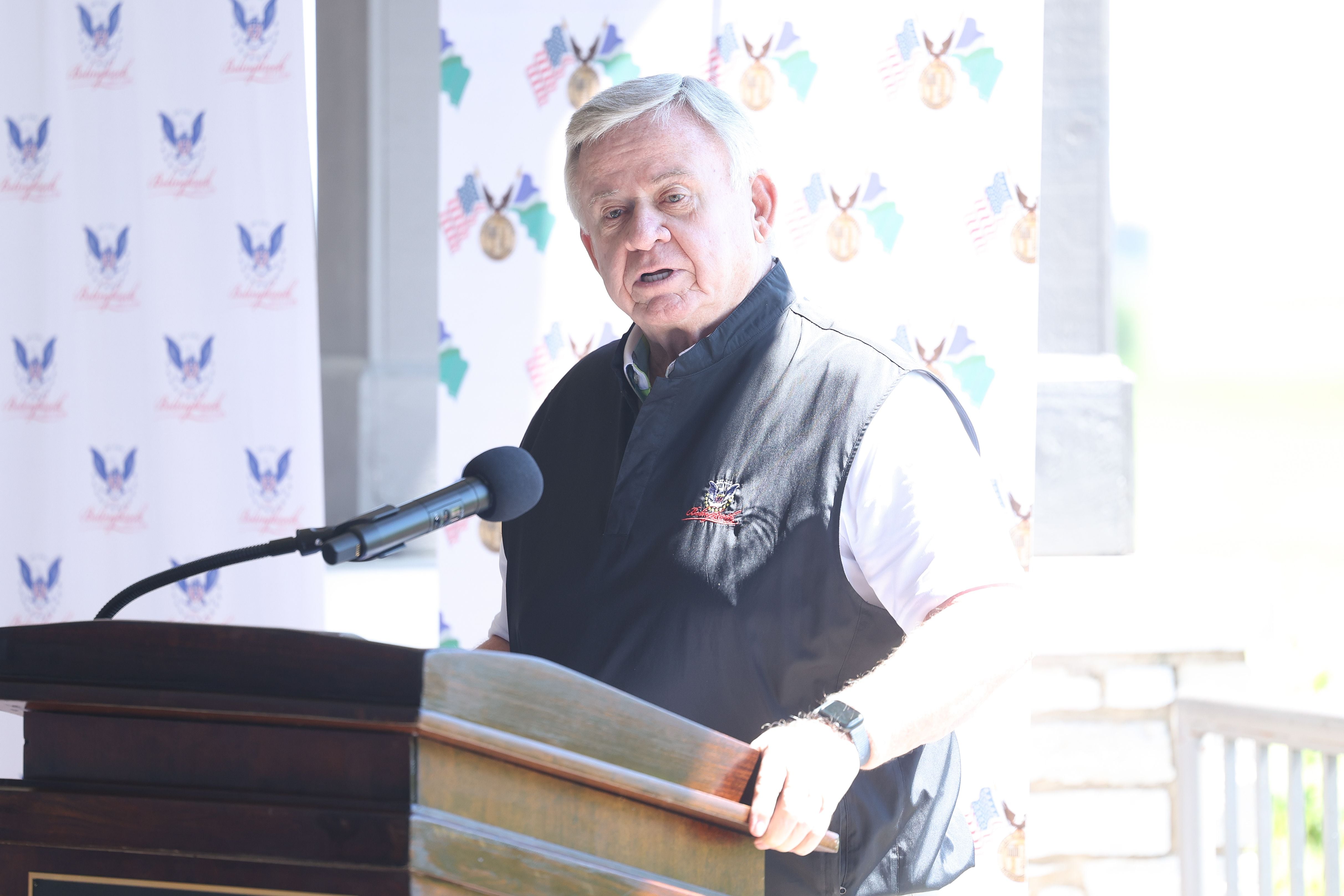 Former Bolingbrook Mayor Roger Claar speaks at a press conference where it was announced the Bolingbrook Golf Club will host the 2024 LIV Golf Individual Championship on Tuesday, April 30, 2024.