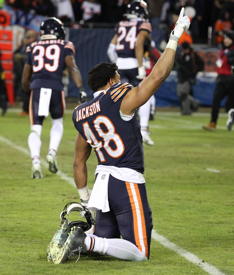 Chicago Bears linebacker D'Marco Jackson celebrates after the Bears 31-27 win over the Green Bay Packers in the NFL Wild Card game Saturday, Jan. 10, 2026, at Soldier Field in Chicago.