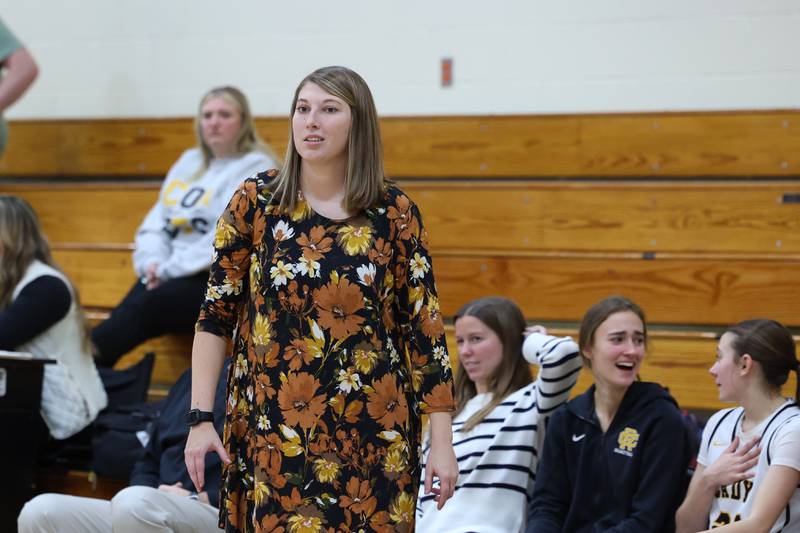 Reed-Custer head coach Shelby Zwolinski watches the game during the Comets' 55-24 victory over Grace Christian at the Reed-Custer Classic on Monday, Nov. 17, 2025.