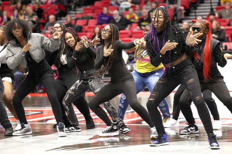 DeKalb fans win the dance challenge at halftime of the girls game during the First National Challenge Friday, Jan. 27, 2023, at The Convocation Center on the campus of Northern Illinois University in DeKalb.