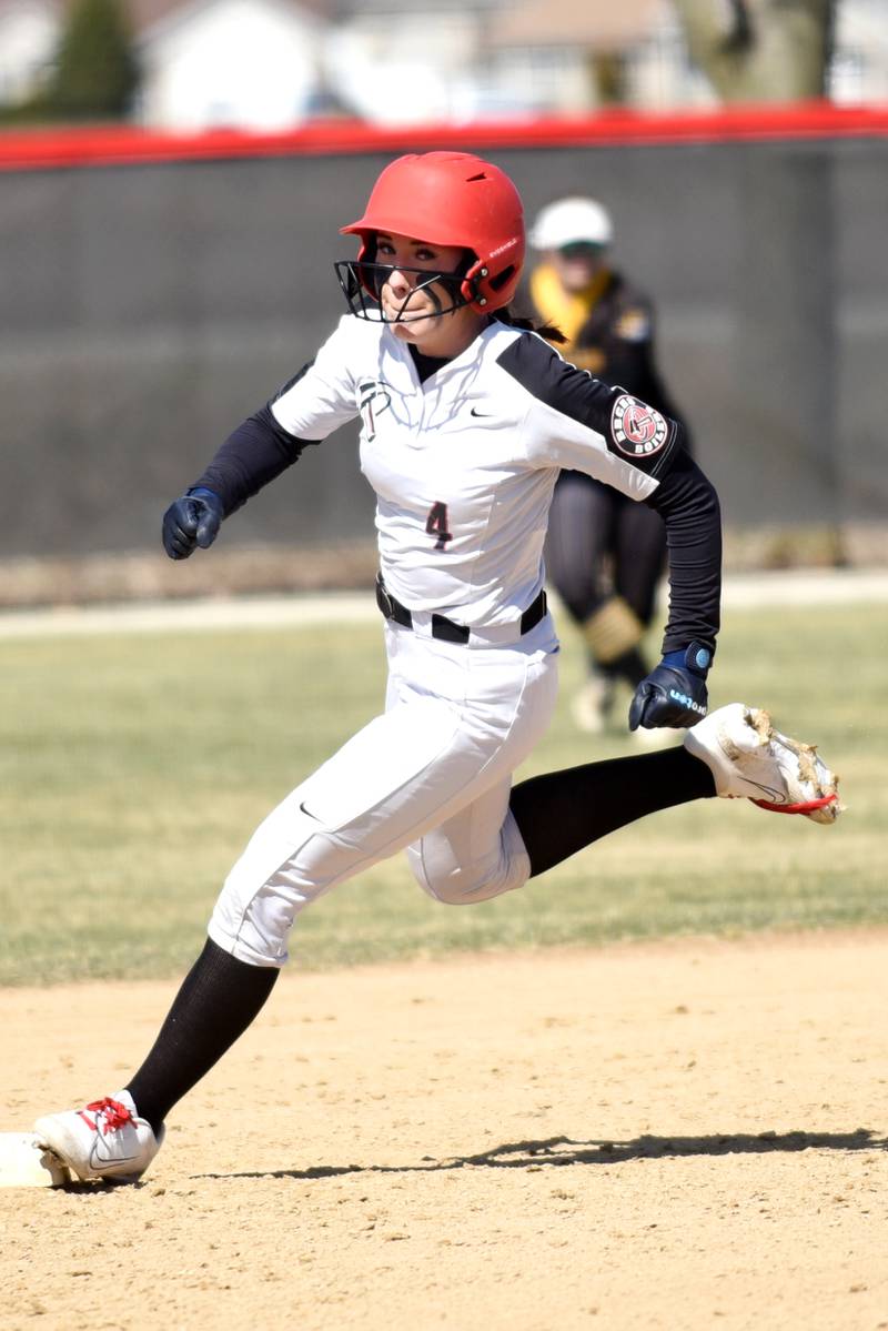 Bradley-Bourbonnais' Suttyn Hop rounds second base and looks towards third during a home game against Herscher Monday, March 24, 2025.