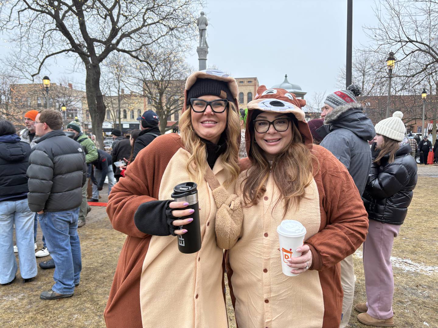 Erica Johnson, left, of Lemont and Mary Gallagher of Gilberts honored the groundhog Sunday, Feb. 2, 2025 with groundhog onesies.