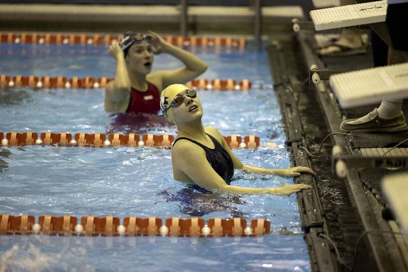 Sterling’s Michelle Henderson-Bellows checks her time in the 100 yard Freestyle Saturday, Nov. 5, 2022 at swimming sectionals in Byron.