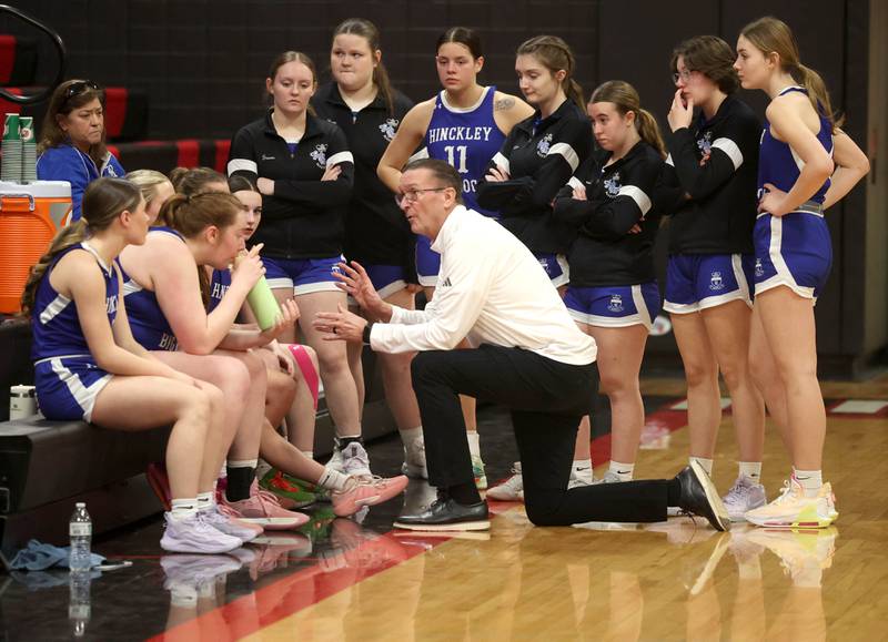 Hinckley-Big Rock head coach Bob Barnett talks to his team during their Class 1A regional game against Yorkville Christian Tuesday, Feb. 17, 2025, at Indian Creek High School in Shabbona.