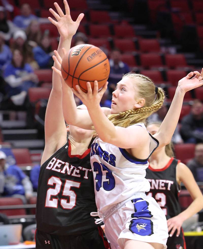Geneva's Lauren Slagle goes to the basket against Benet’s Samantha Trimberger during their Class 4A state semifinal game Friday, March 3, 2023, in CEFCU Arena at Illinois State University in Normal.