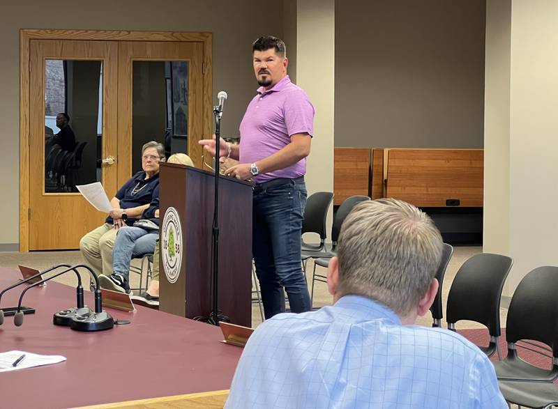 Greg Majeski talks to members of the Sycamore Planning and Zoning Commission on Monday, June 12, 2023 about his request to rezone a property along DeKalb Avenue to allow him to operate a used-car dealership without needing a special permit from the city.