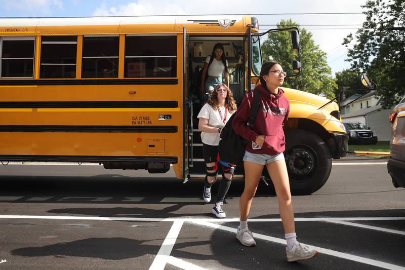 Students arrive at Lockport Township High School Central Campus for the first day of the new school year on Monday, August 19, 2024.