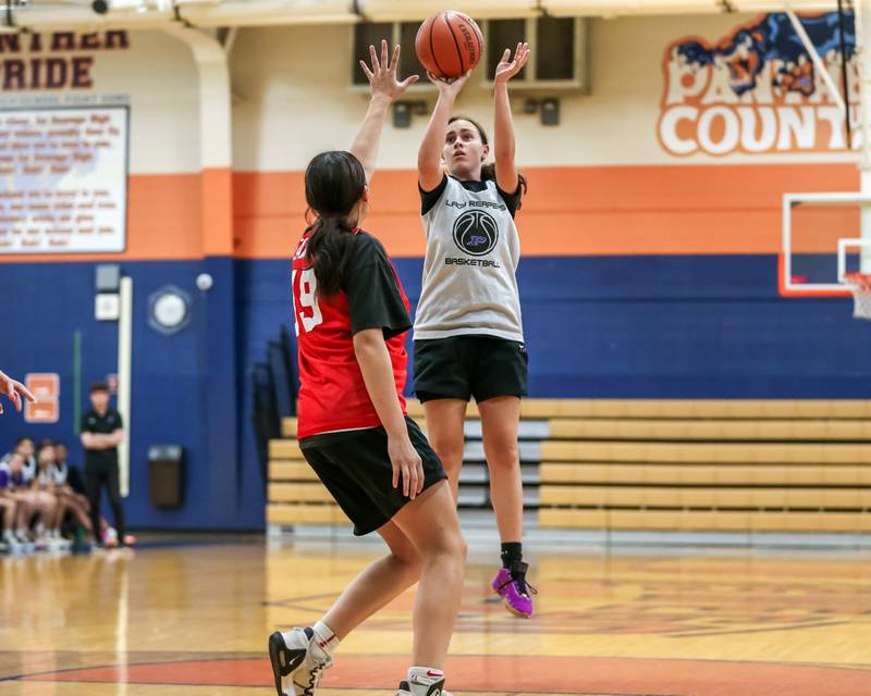Plano's Josie Larson shoots a jump shot at the Oswego girls basketball shootout tournament. June 28, 2024.