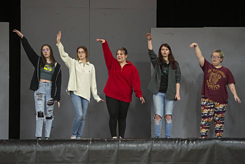 The Bird Girls rehearse a scene Monday, April 25, 2022 at Rock Falls High School for this weekend’s performance of “Seussical the Musical.”