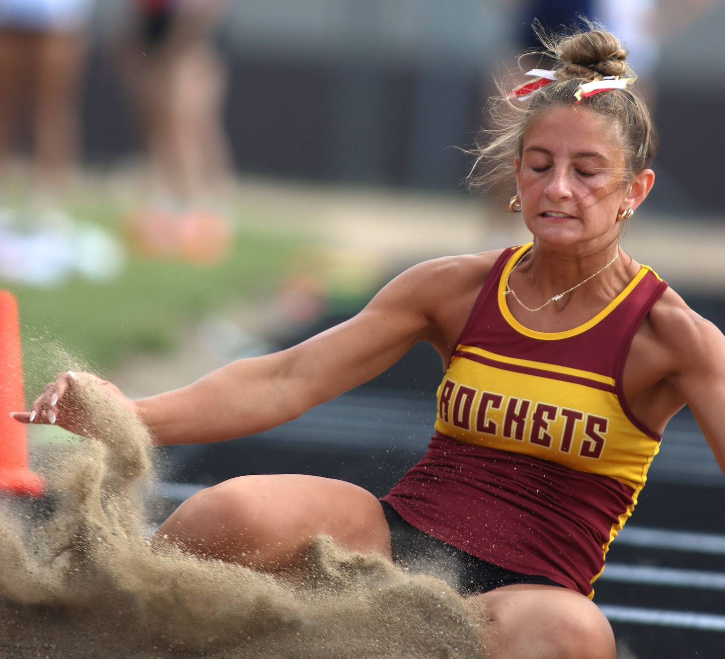 Richmond-Burton’s Sophia Komar competes in the long jump in IHSA Class 2A Girls Sectional Track action at Genoa-Kingston School in Genoa on Friday, May 16, 2025.