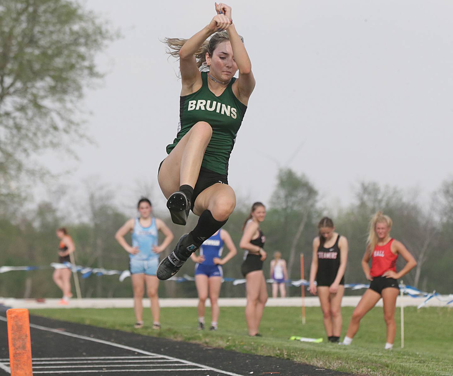 St. Bede's Anna Lopez soars during the long jump in the Class 1A Bureau Valley Sectional on Wednesday, May 11, 2022, in Manlius.