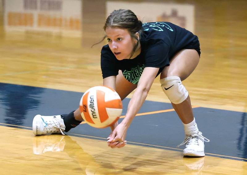 Genoa-Kingston’s Annabelle Peters makes a dig Thursday, Aug. 1, 2024, during practice at the school in Genoa.