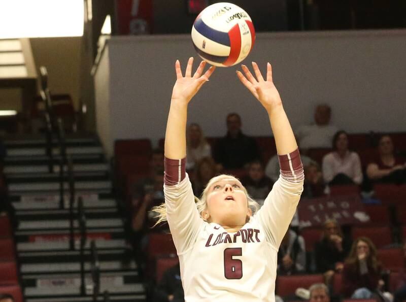 Lockport's Malley Green sets the ball in the air during the Class 4A State semifinal game on Friday, Nov. 15, 2024 at CEFCU Arena in Normal.
