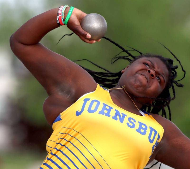 Johnsburg’s Stori Hurckes competes in the shot put in IHSA Class 2A Girls Sectional Track action at Genoa-Kingston School in Genoa on Friday, May 16, 2025.