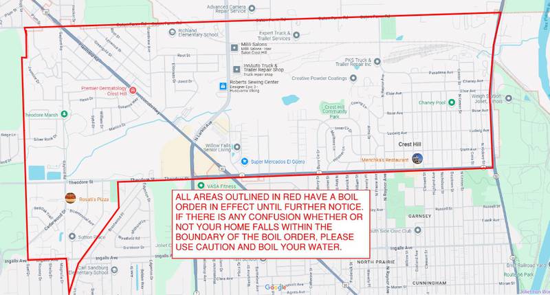 Map shows the area of the city of Crest Hill that remains under the boil order as of Monday, Nov. 4, 2024.
