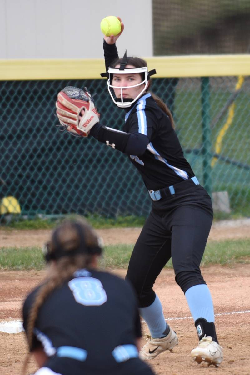 Kankakee's Adleigh Cunningham throws to first base during a home game against Thornwood Thursday, April 17, 2025.